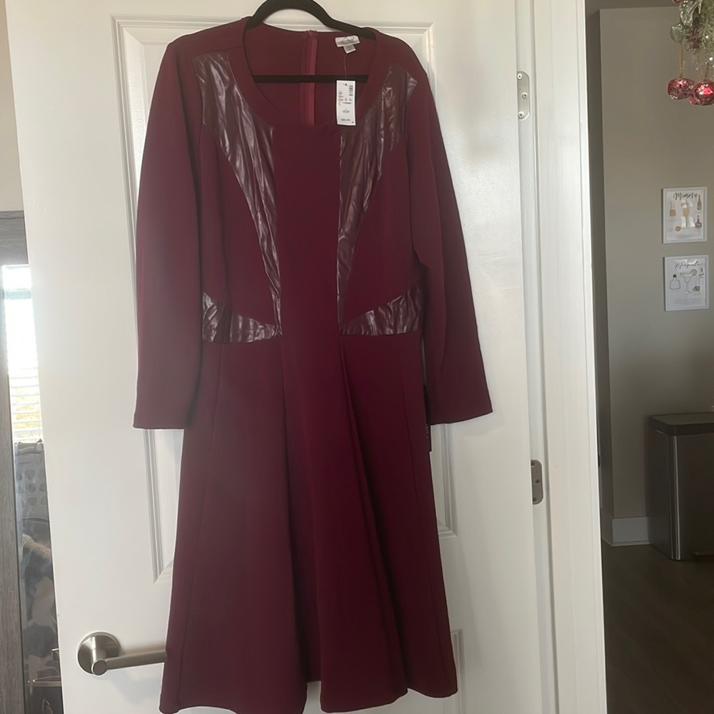 Avenue NWT long sleeve maroon dress with faux leather panels